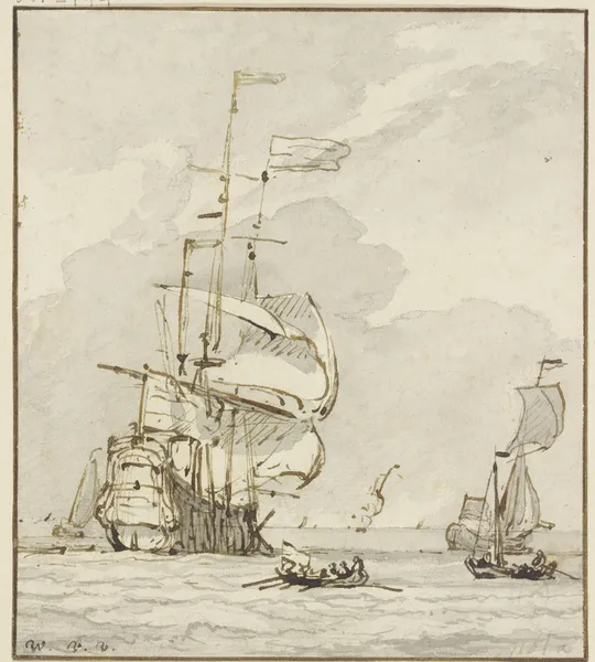 Großes Schiff von links nach hinten segelnd, vorne ein Ruderboot und mehrere andere Schiffe av Willem van de Velde the Younger