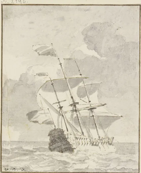 Großes Schiff von links nach rechts segelnd av Willem van de Velde the Younger