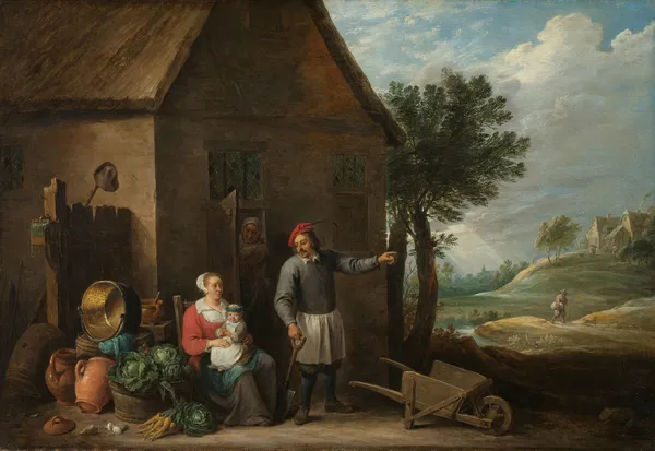 Husbandman at a Cottage Door with a Seated Woman and Child av David Teniers The Younger