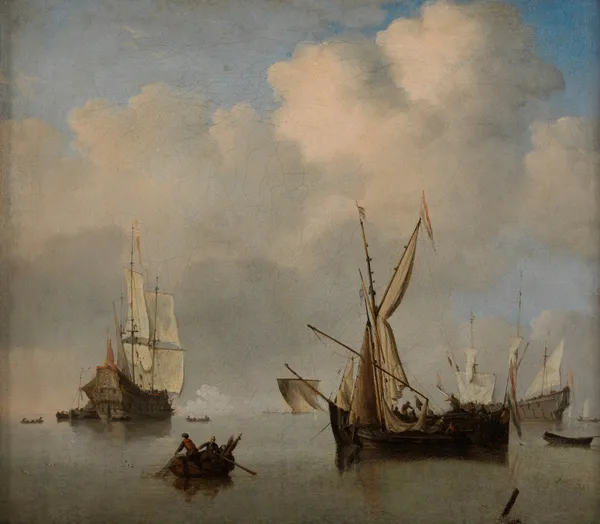 Mer calme; deux petits cabotiers néerlandais à l’ancre bord-à-bord. Marine av Willem van de Velde the Younger