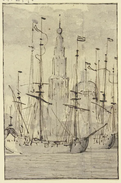 Schiffe, vor einer Kirche liegend av Willem van de Velde the Younger