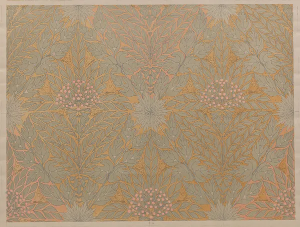 Geometric pattern of stylized gray-green foliage among pink berries, chrysanthemums and butterflies av Theo Nieuwenhuis
