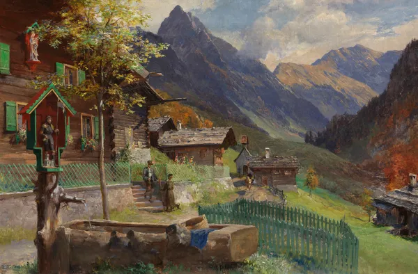 Gerstruben, am Dorfbrunnen mit Blick auf die Höfats. (Dorfbrunnen mit einem Andachtsbild des Hl. FLorian) av Edward Theodore Compton