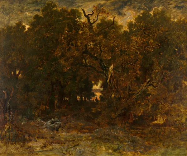 Leaving the Forest, Fontainebleau; Setting Sun av Théodore Rousseau
