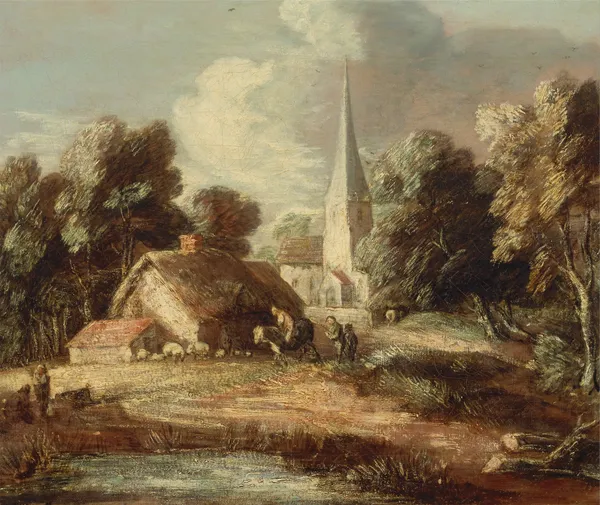 Landscape with cottage and church av Thomas Gainsborough