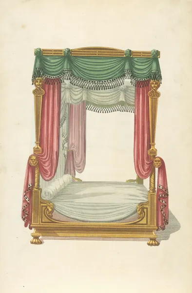 Canopy bed with green and red drapery. av Thomas Sheraton
