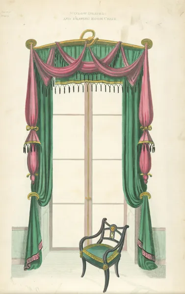 Window drapery and drawing room chair. av Thomas Sheraton