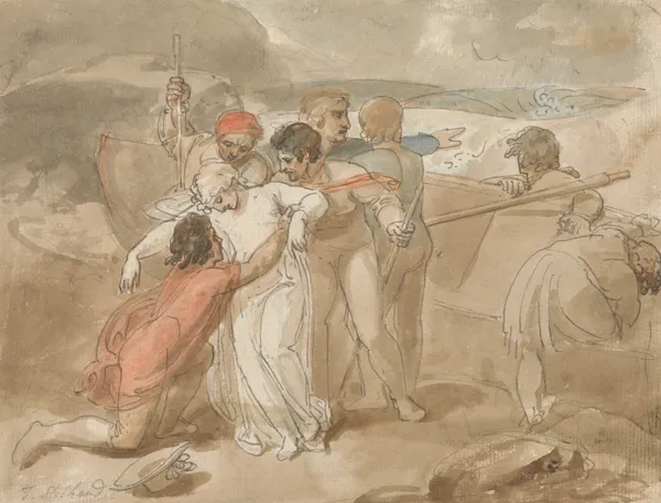 A Woman Rescued from the Sea and Assisted Ashore, Rowing Boat and Rescuers in Background av Thomas Stothard