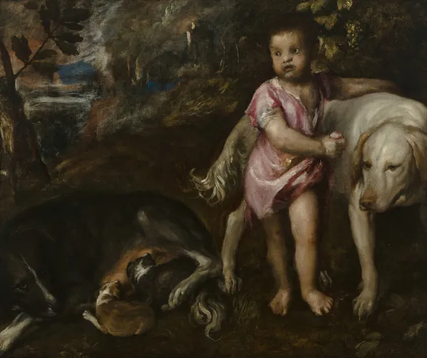 Boy with Dogs in a Landscape av Titian