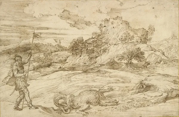 Landscape with St. Theodore Overcoming the Dragon av Titian