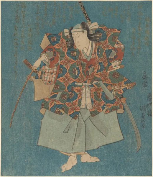 Warrior in Fine Green, Blue, Red, Yellow, and Silver av Utagawa Kunisada (Toyokuni III)