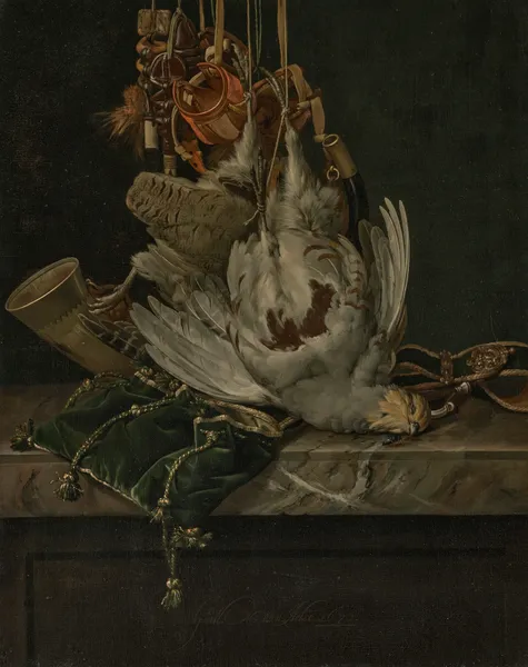 A partridge, a hunting horn, hawking hoods and a gold-trimmed green velvet hunting bag hanging above a marble ledge av Willem van Aelst
