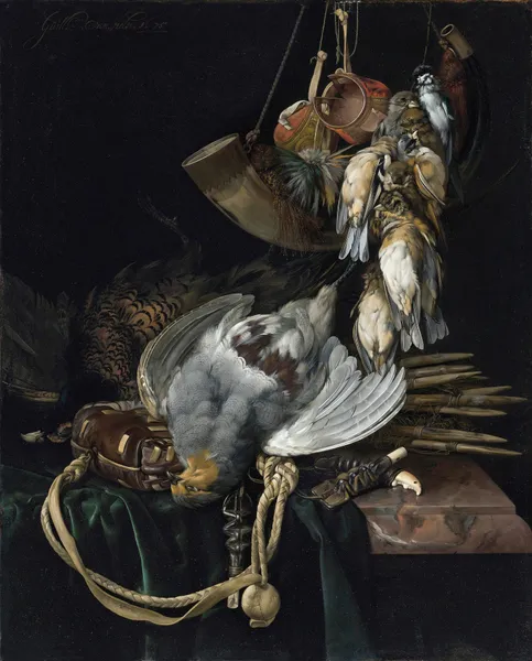 A Partridge, A Pheasant, A Hunting Bag And Traps On A Partially Draped Ledge, Songbirds, A Hunting Horn And Hawking Hoods Hanging Above av Willem van Aelst