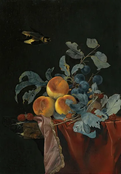A Still Life With Peaches, Raspberries And Damsons On A Partially Covered Marble Ledge, A Bird Flying Above av Willem van Aelst