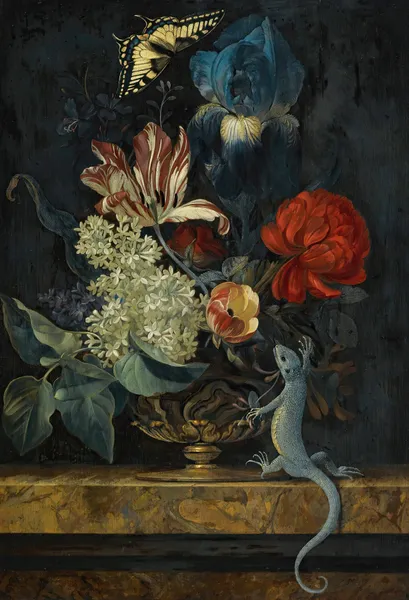 A Still Life With Tulips And Other Flowers In A Vase On A Marble Ledge, With A Lizard And A Butterfly av Willem van Aelst