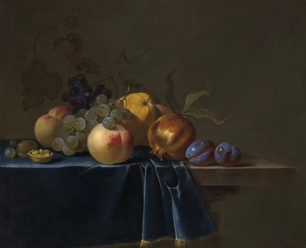 Peaches, grapes, pomegranate and plums on an entablature av Willem van Aelst