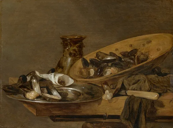 Mussels in pewter and earthenware plates with an upturned roemer, on a wooden table av Abraham van Beyeren