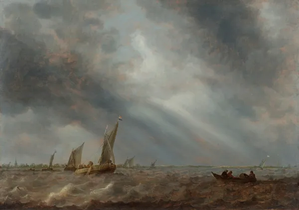 Various sailing vessels and a rowing boat with fishermen on choppy waters under a stormy sky av Abraham van Beyeren