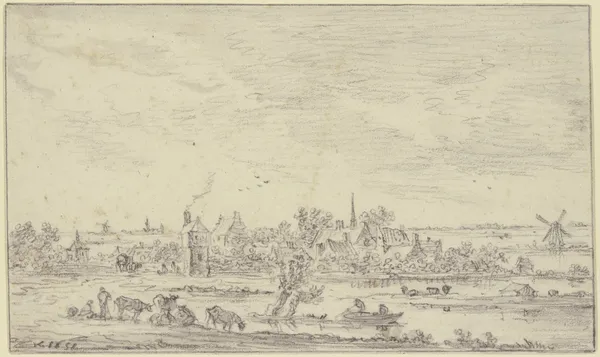 Am Wasser ein Dorf, vorn Hirten mit Vieh, auf dem Wasser ein Kahn, rechts eine Windmühle av Jan van Goyen