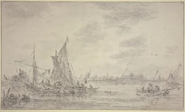 Auf einem Fluss viele Fischerbote, rechts ein Dorf av Jan van Goyen
