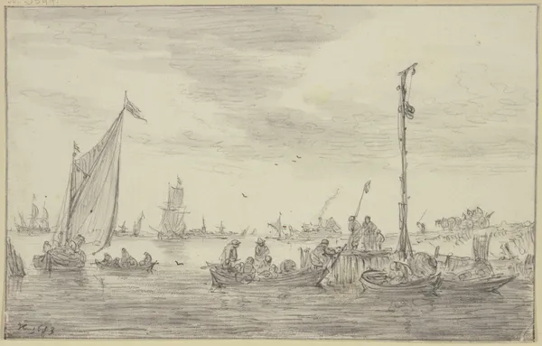 Ein hoher Signalmast halbrechts auf einer Landungsstelle, an der Ruderboote liegen av Jan van Goyen