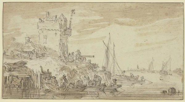 Links an einem Fluss ein befestigter Turm, dabei eine Kanone auf welcher ein Mann sitzt av Jan van Goyen
