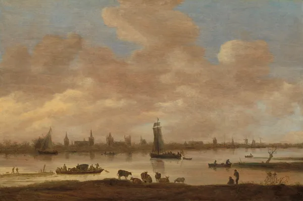 View of an Imaginary Town across a River, with the Tower of Saint Pol in Vianen av Jan van Goyen