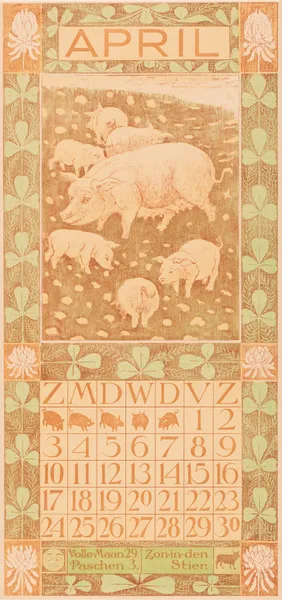 Kalenderblad april met varkens av Theo van Hoytema