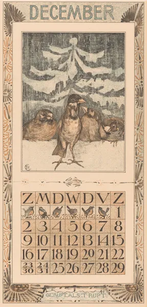 Kalenderblad december met mussen in de sneeuw av Theo van Hoytema