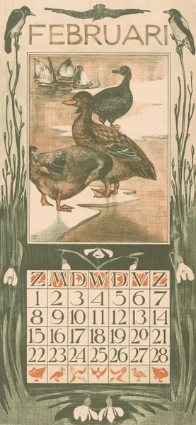 Kalenderblad februari met eenden av Theo van Hoytema