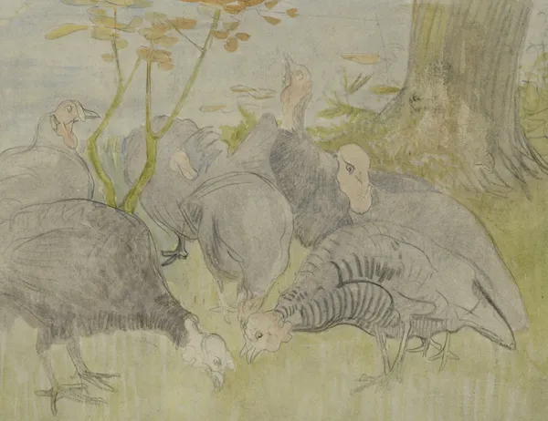 Kalkoenen in een tuin av Theo van Hoytema