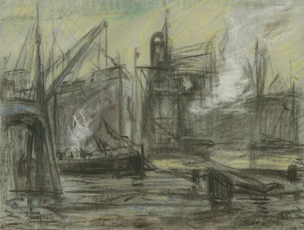 Haventafereel met een kraan, graanzuiger en schepen av Eugeen Van Mieghem