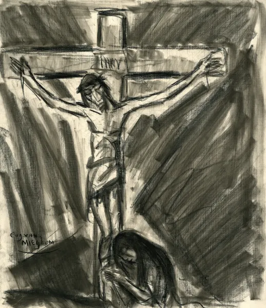 Jezus aan het kruis en onderaan het kruis rechts ziet men een biddende vrouw. av Eugeen Van Mieghem