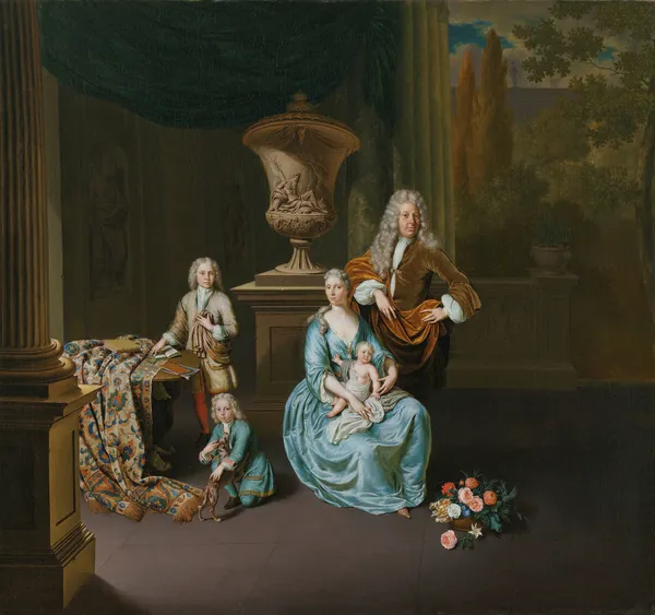 Diederik Baron van Leyden van Vlaardingen (1695-1764). Burgomaster of Leiden, with his Wife Sophia Dina de Rovere and their Sons Pieter, Jan en Adriaan Pompejus av Willem Van Mieris