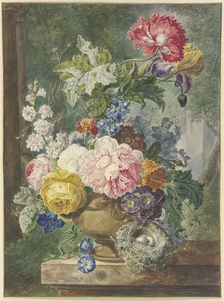 Blumenstrauß In Einer Vase, Dabei Ein Vogelnest av Georgius Jacobus Johannes van Os