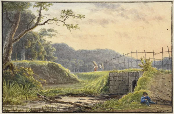 Landschap met brug av Georgius Jacobus Johannes van Os