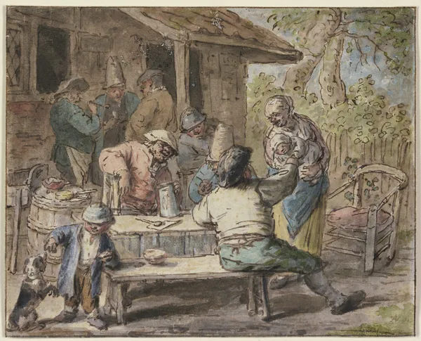 Bauern mit Kindern vor einem Haus av Adriaen van Ostade