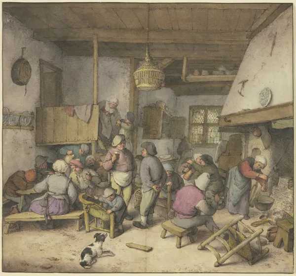Wirtshausinterieur mit rauchenden, trinkenden und kosenden Bauern av Adriaen van Ostade