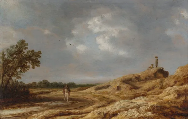 Dune landscape with a horse and rider av Salomon van Ruysdael