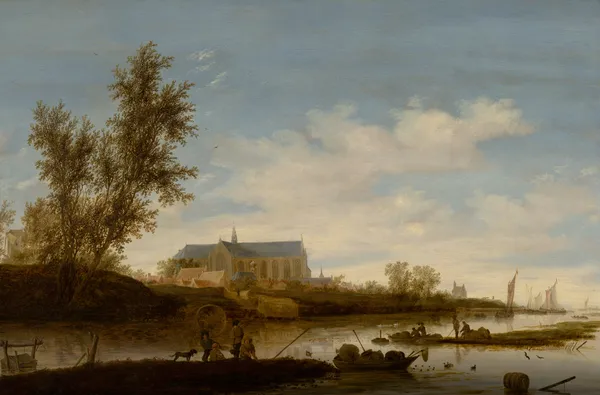 River landscape with fishermen in the foreground, the Laurenskerk in Alkmaar beyond av Salomon van Ruysdael