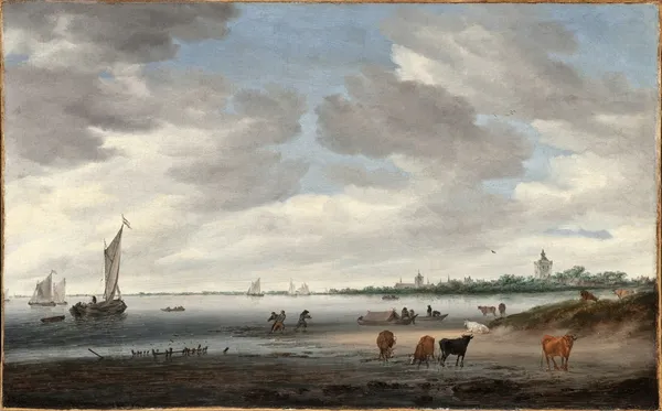 View of the River Lek and the Town of Vianen av Salomon van Ruysdael