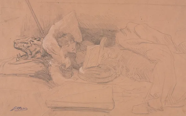 Sarah Bernhardt Reclining on a Divan, Reading av Georges Jules Victor Clairin
