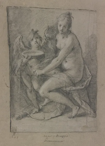 Sitzende Venus und stehender Amor mit Schale av Hans von Aachen