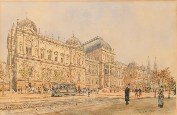 The University of Vienna on the Ringstrasse, with Horse-Drawn Tram and Figures, a view of the building still under construction in 1878 (erected by Heinrich von Ferstel 1873-1884) av Rudolf von Alt