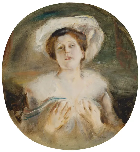 Bildnis einer Dame mit mit weißem Hut av Franz von Lenbach