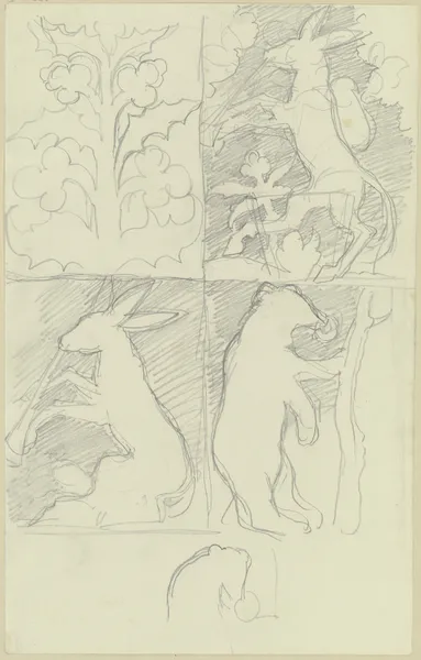 Kunstgewerbliche Entwürfe, in vier Feldern; Symmetrisches Gewächs, Esel mit Rucksack, Musizierender Esel und Bär mit Nasenring av Moritz von Schwind
