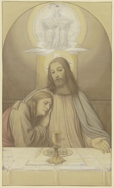 Christ with his favorite disciple John, half-length figures at the table of the Last Supper, above them the Trinity av Eduard von Steinle
