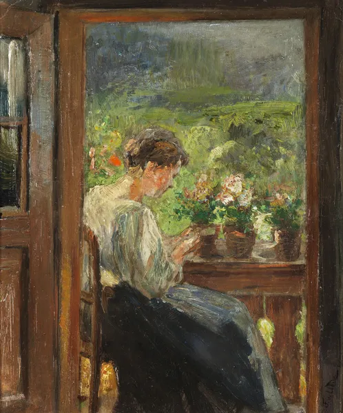 Reading woman on the balcony av Fritz von Uhde