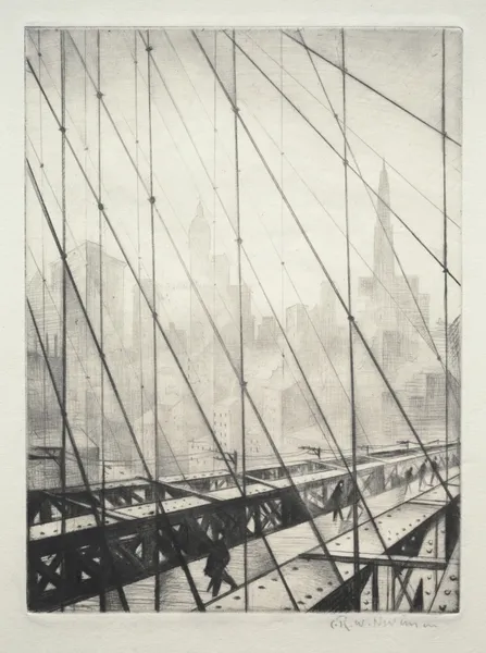 Looking through Brooklyn Bridge av Christopher R. W. Nevinson