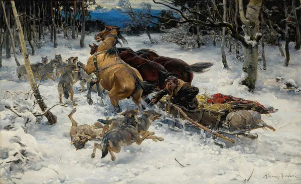 A Sledge Under Attack By Wolves av Alfred von Wierusz-Kowalski